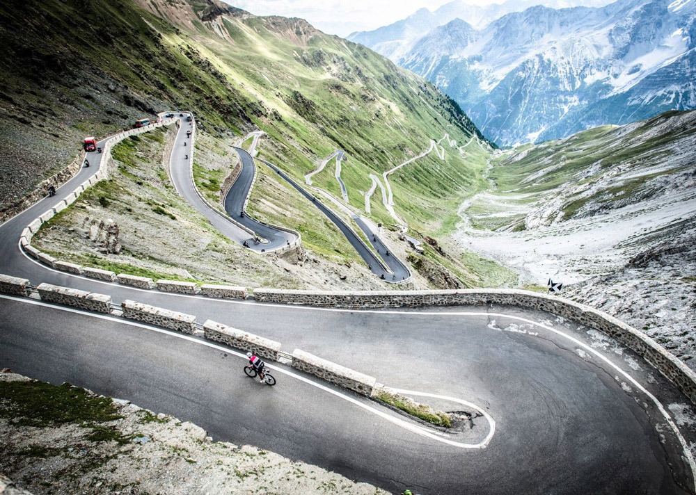 Twisting switchbacks of Stelvio pass 