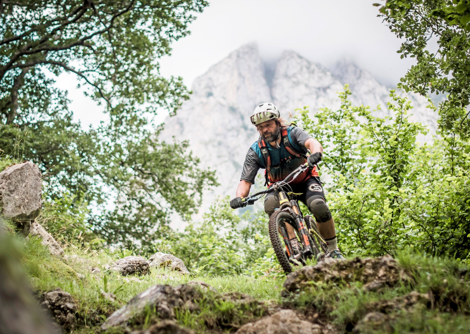 Mountain biker riding in the forest with mountains behind