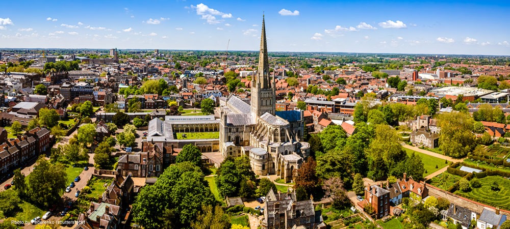 Aerial photo of Norwich Cathedral and surrounding buildings