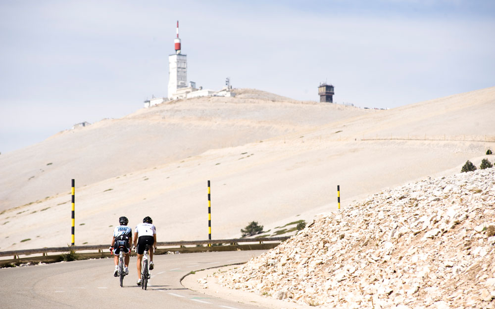 Two cyclists near the summit of Mont Ventoux