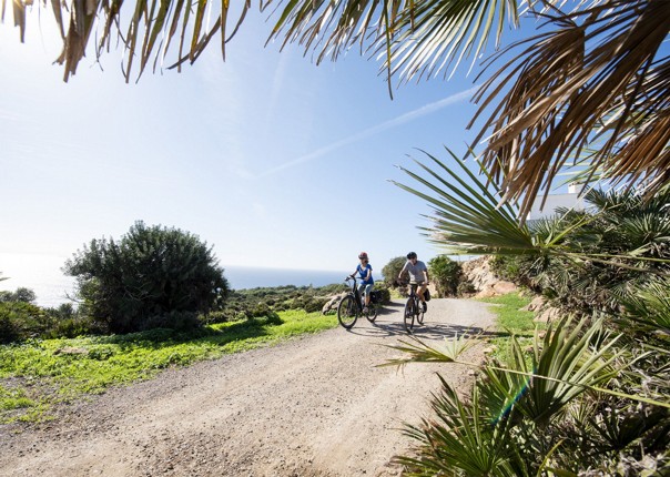 Two cyclists riding in Spain on a self-guided cycling holiday
