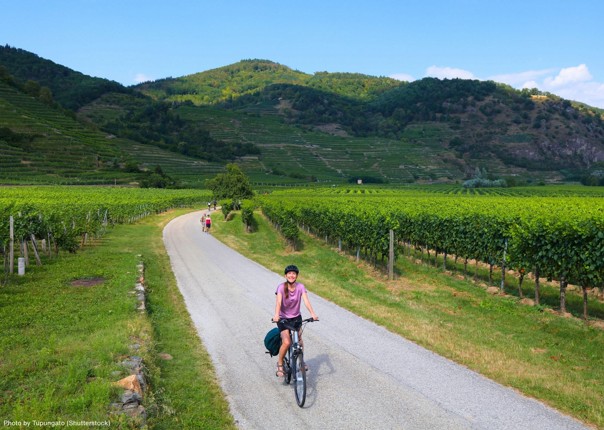 Happy female cyclist riding along the Danube Cycle Path in the Wachau region of Austria
