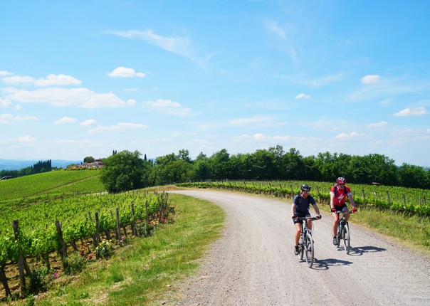 Two cyclists mountain biking in Tuscany along the Via Francigena